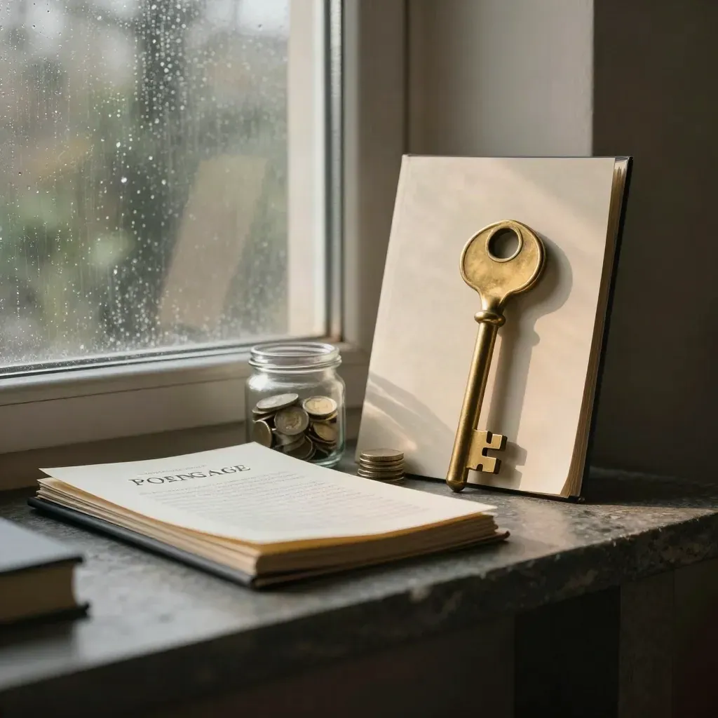 Brass key, pension folio, savings jar, coins and mortgage papers by a misted window