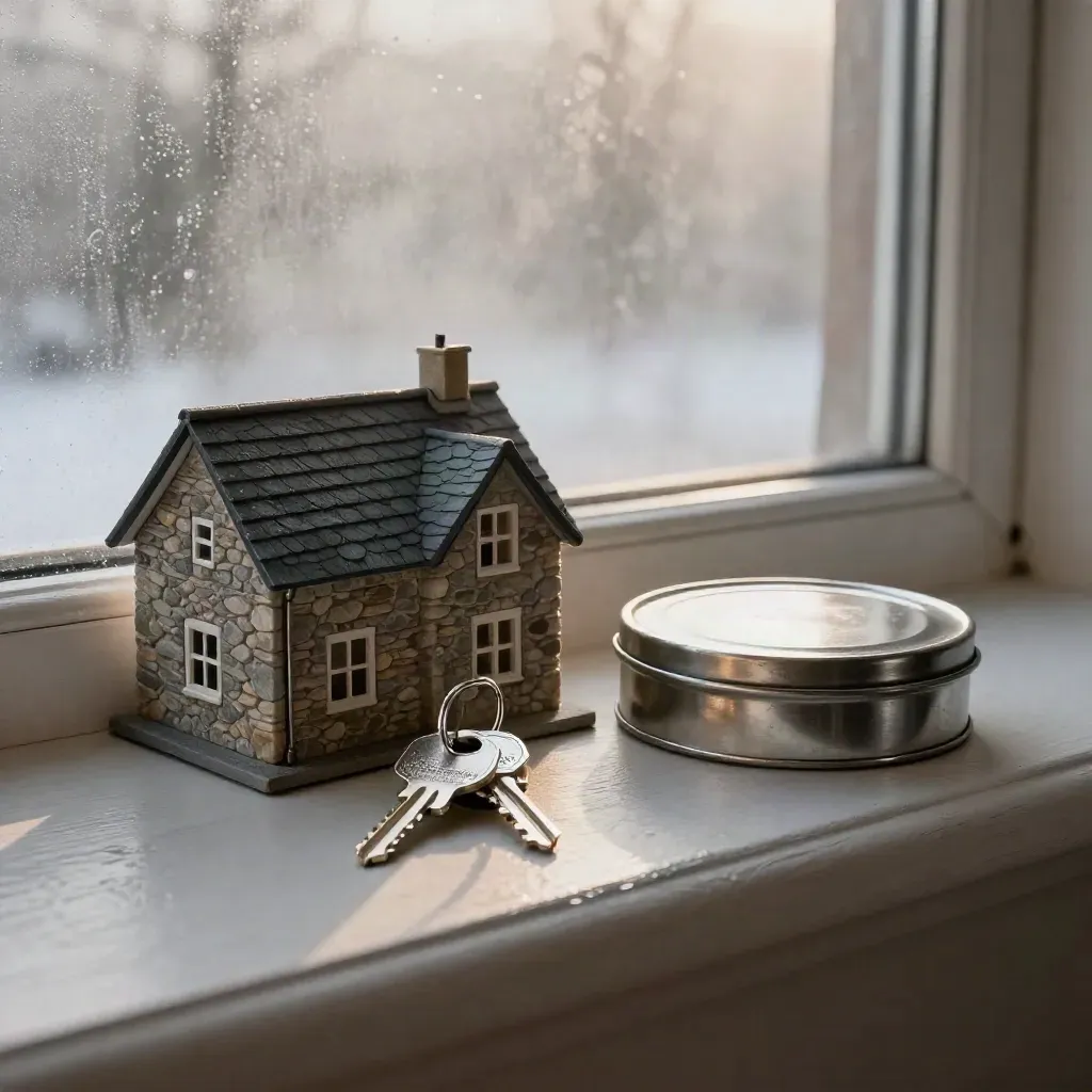 Keys, stone house model and deposit tin on a fogged windowsill at winter dawn.