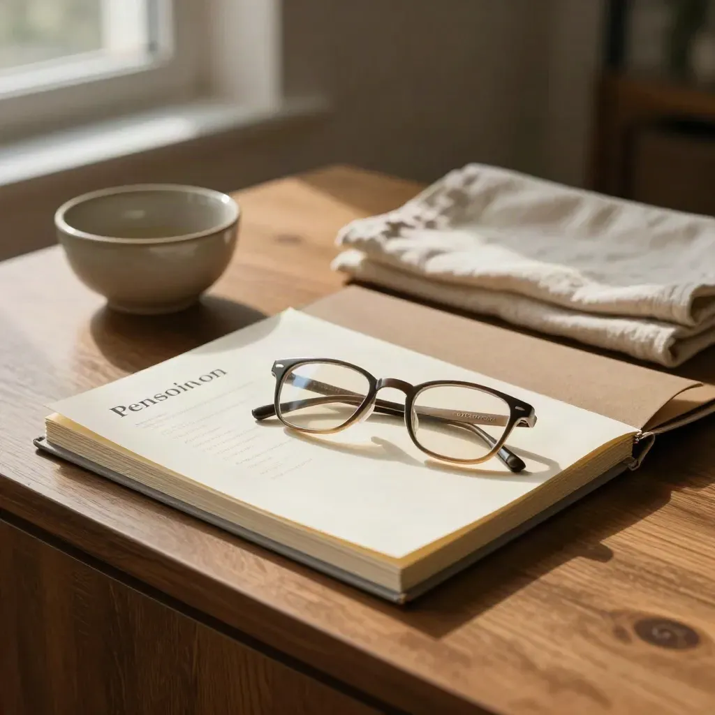 Pension folder, reading glasses, ceramic bowl and linen cloth on a sunlit oak sideboard.