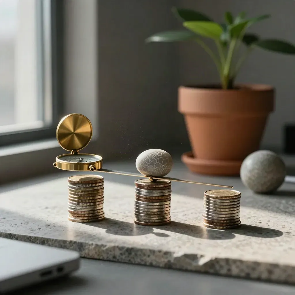 Coin stacks, brass compass, stone weight and plant on a limestone ledge in moody light.
