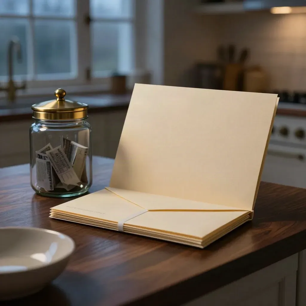 Cash jar, pension folder and tax envelopes on a dark kitchen island in warm evening light.