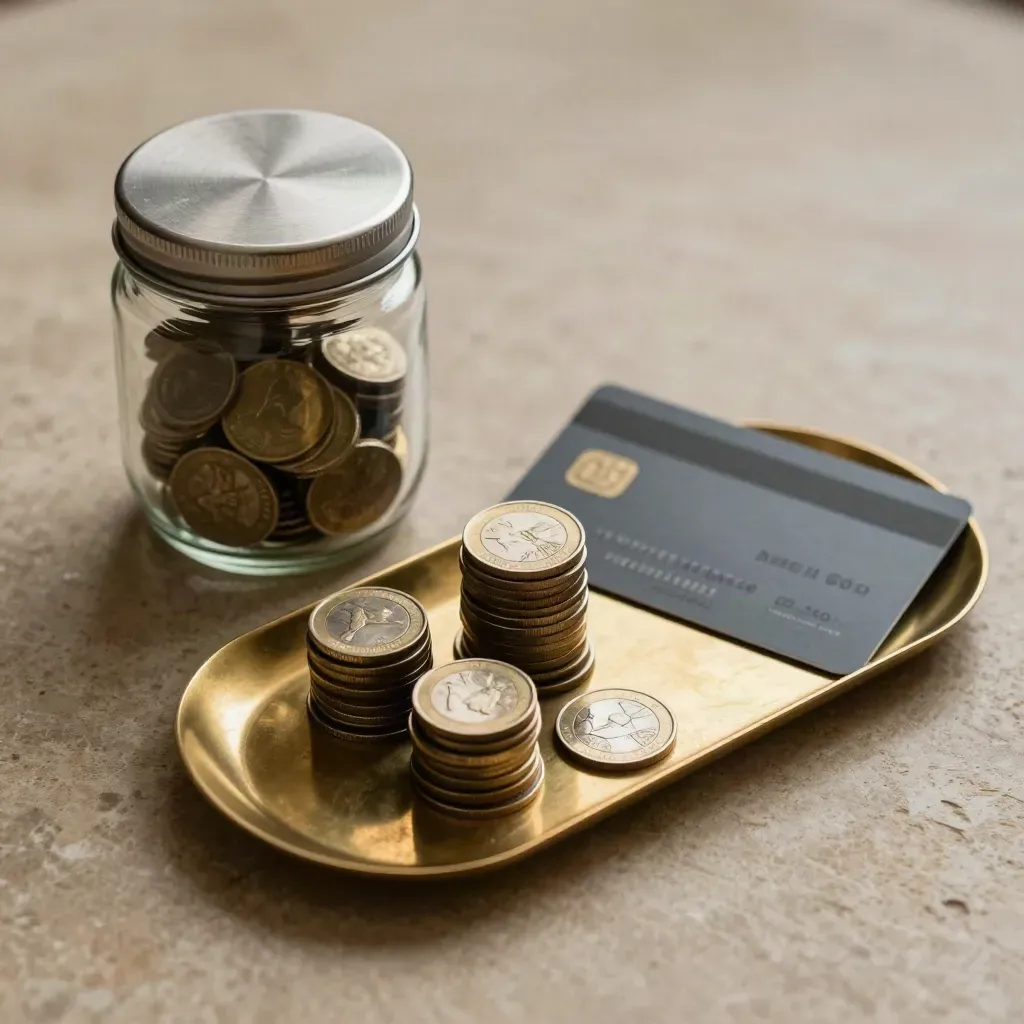 Top-down coin stacks, pension jar, and bank card beside a brass tray on khaki stone.
