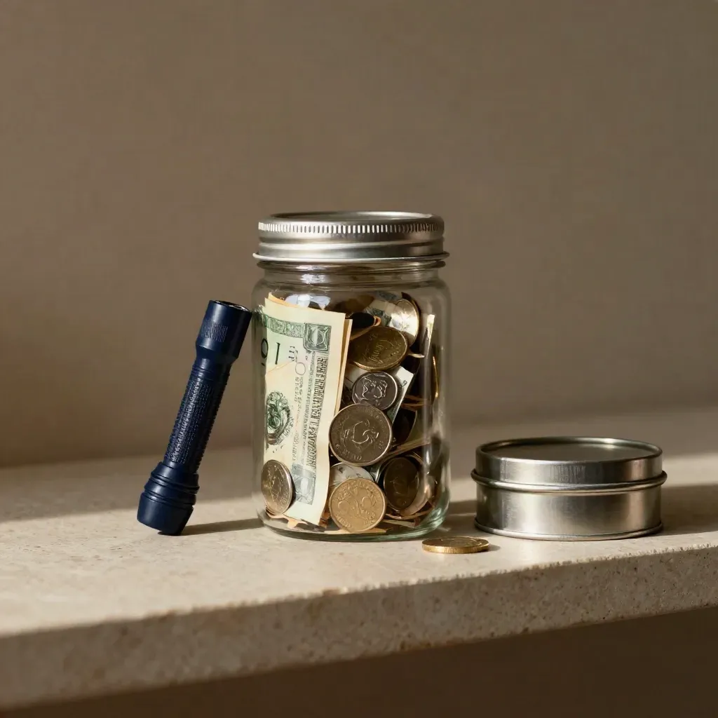 Emergency cash jar, torch, and repair tin on a warm shelf in soft daylight.