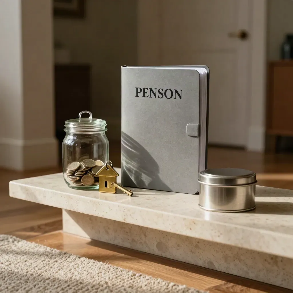 Savings jar, house key, pension folder and cash tin on a travertine shelf at dusk.