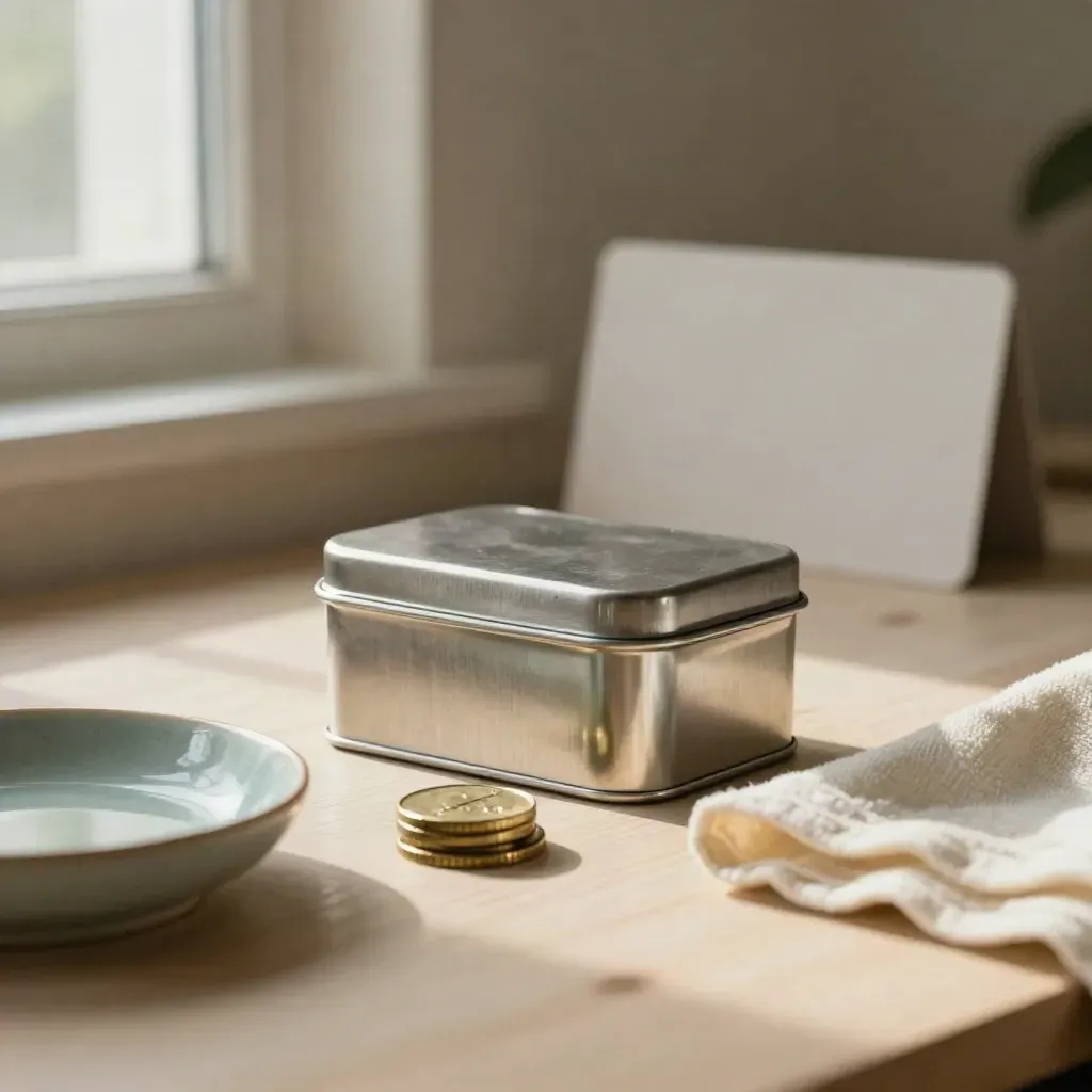 Closed savings tin with brass coins, ceramic dish and cream cloth on pale wood